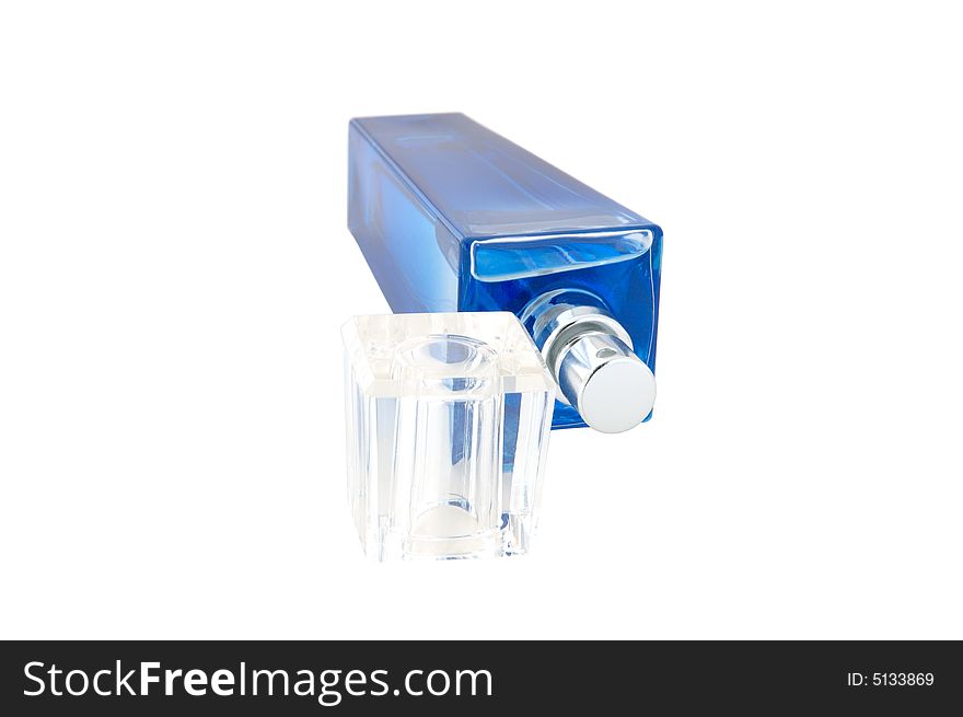 Perfume in deep blue scent-bottle on isolated background. Perfume in deep blue scent-bottle on isolated background.