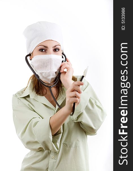 Nurse In White Mask With Stethoscope