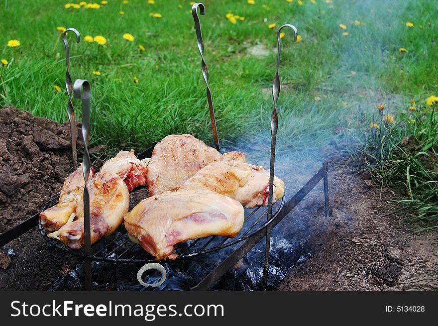 Barbecue from chicken fillet outdoors