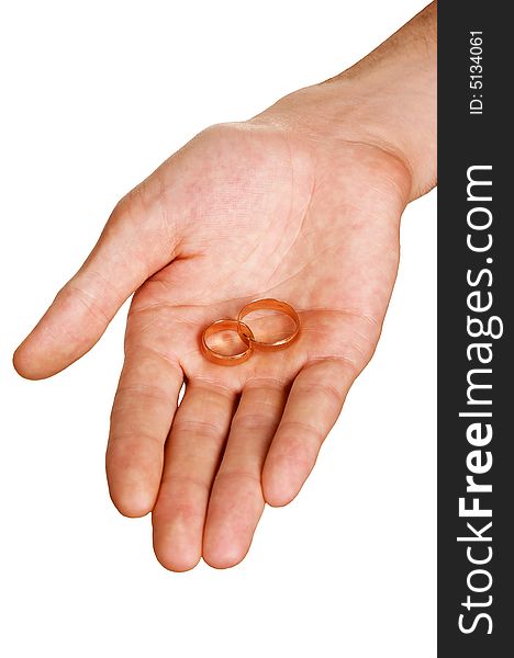 Man palm holding rings over white background