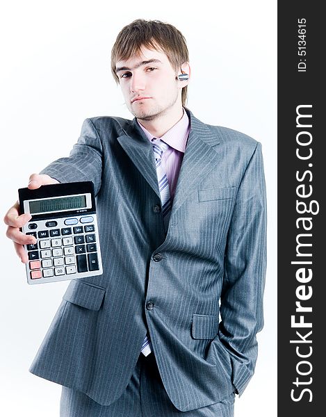 Tired businessman with calculator, isolated on white background