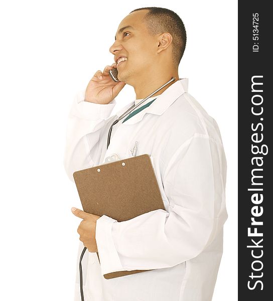 Isolated man doctor on the phone holding clip board. Isolated man doctor on the phone holding clip board