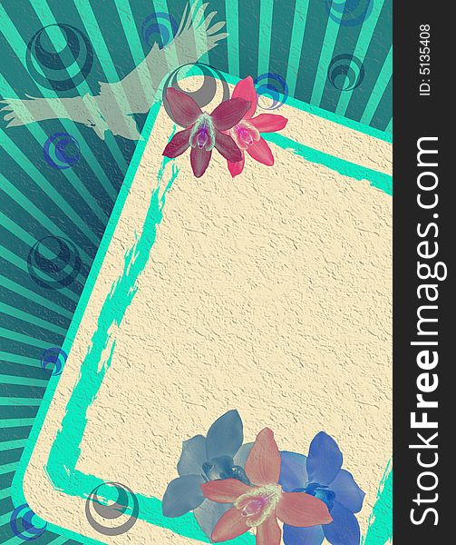 Abstract frame with flying bird shape and colored orchids. Abstract frame with flying bird shape and colored orchids