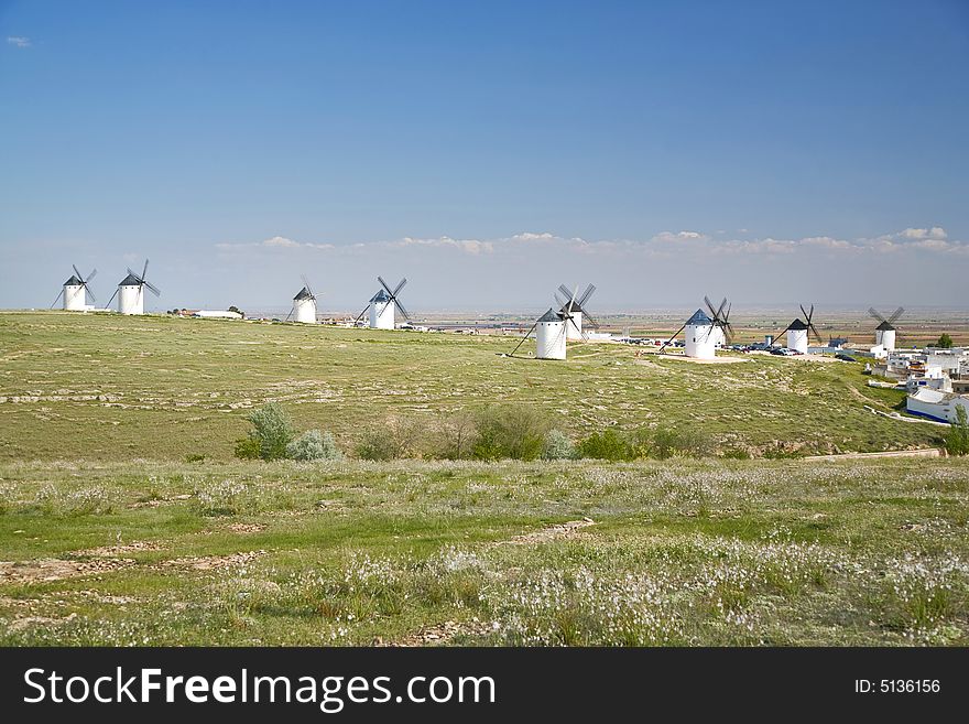 Group of white mills in la mancha spain. Group of white mills in la mancha spain