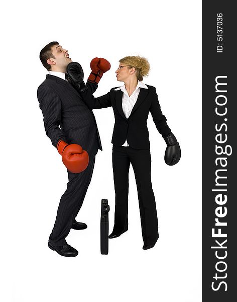 Businesswoman And Businessman Boxing.