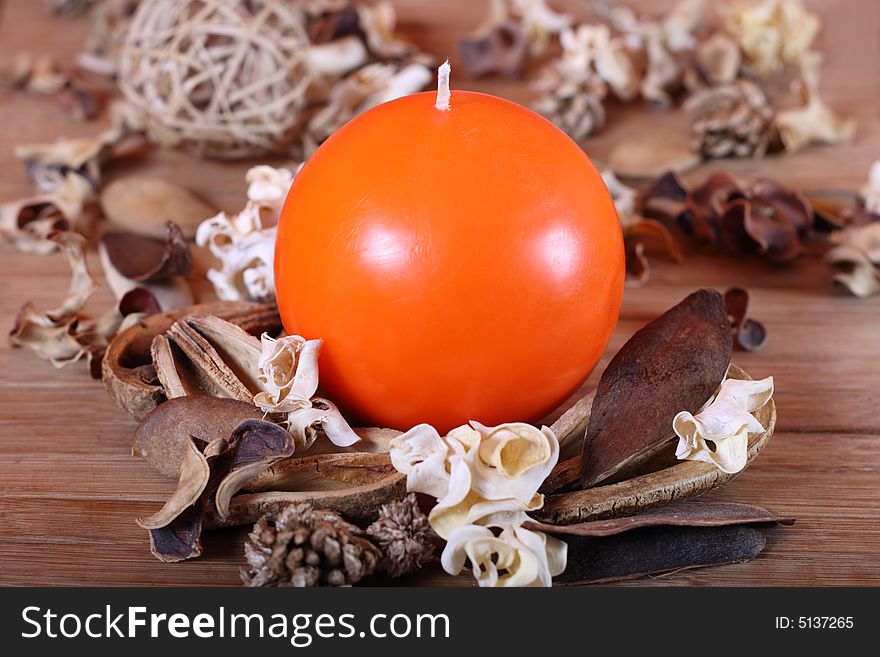 Orange Candle And Dried Plants