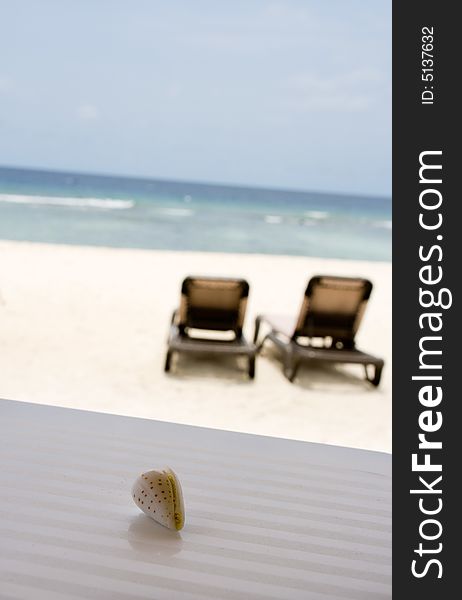 Seashell and chaise longues on the ocean beach on the background