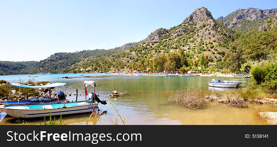 Panoramic mountain view  of Blue lagoon with boats (Turkey). Panoramic mountain view  of Blue lagoon with boats (Turkey)