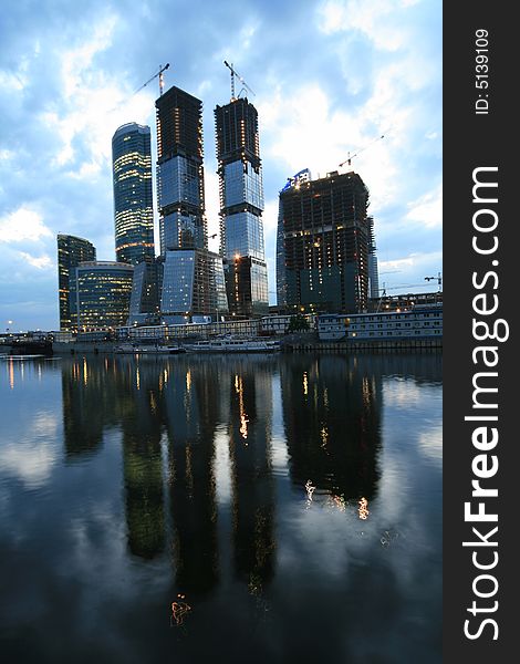 Evening view: Construction of modern buildings “Moscow-city” in Moscow (Russia)