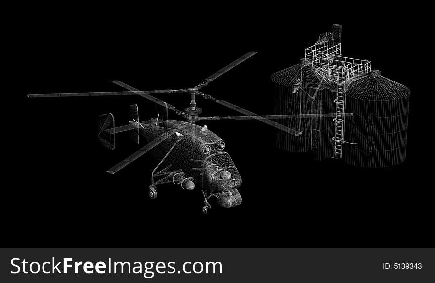 Render of helicopter and building on the black background. Render of helicopter and building on the black background
