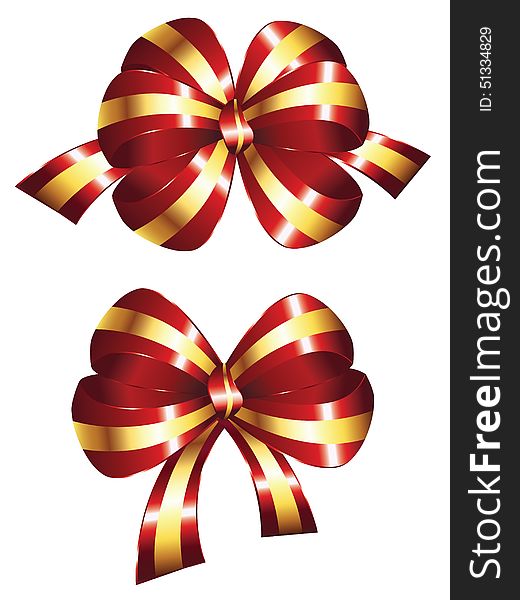 Decorative red holiday bow with golden stripes. Decorative red holiday bow with golden stripes.
