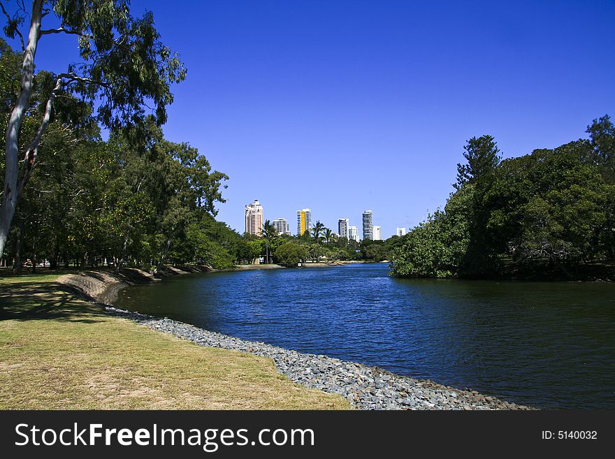 Landscape Surfers Paradise Queensland Australia. Blue river with city in background