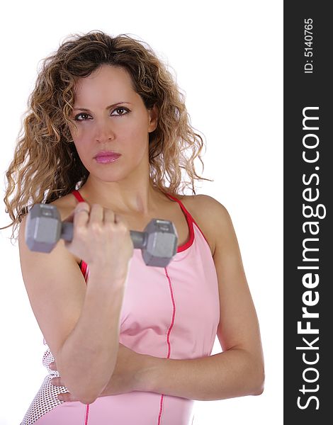 Attactive fitness workout girl in pink outfit holding dumbell weight. Attactive fitness workout girl in pink outfit holding dumbell weight.