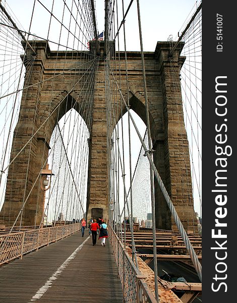 The famous Brooklyn Bridge on the East River in lower Manhattan