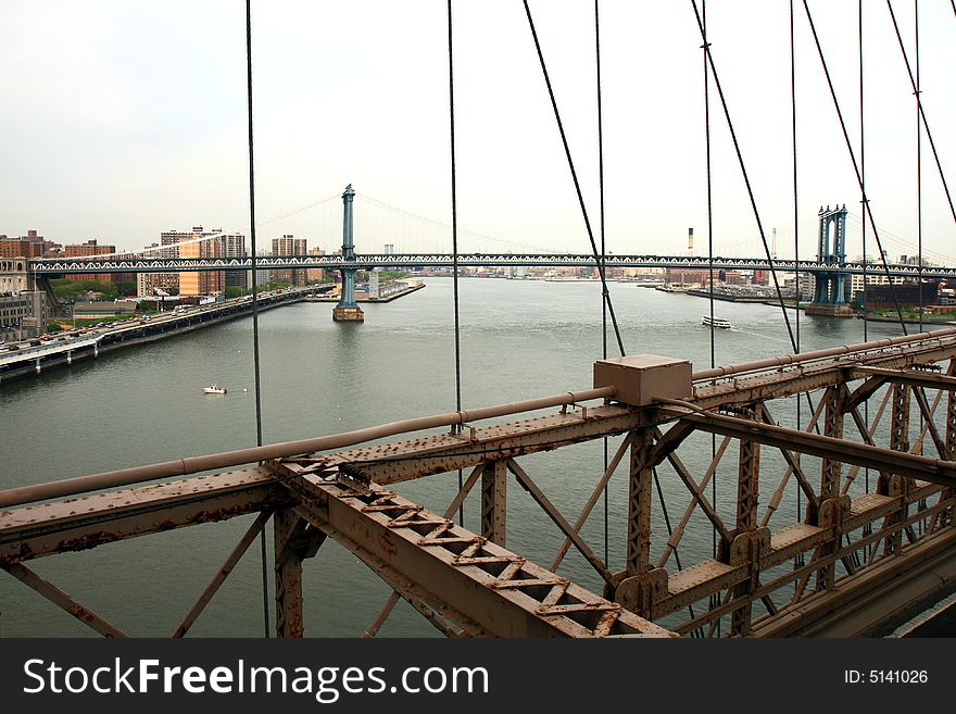 The famous Brooklyn Bridge on the East River in lower Manhattan