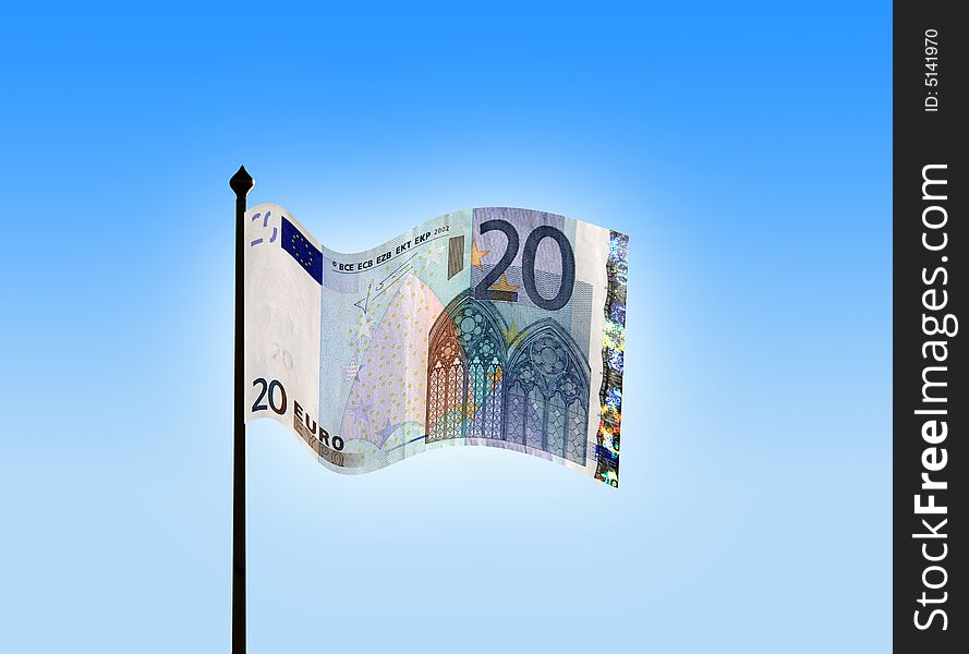 Conceptual image of twenty Euro currency note on flag pole. Conceptual image of twenty Euro currency note on flag pole