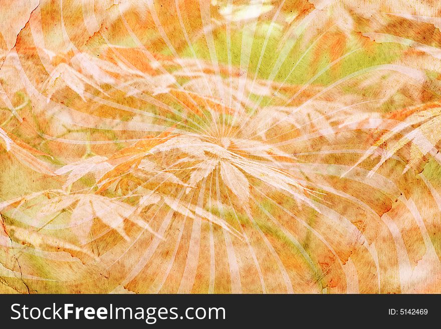 Abstract colorful background with wavy lines and leaves as print on paper