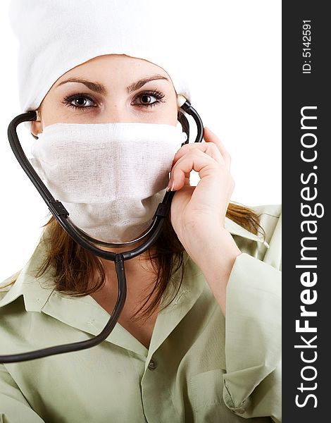 An image of a doctor in white mask with stethoscope