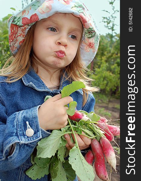 Little girl with a bun of fresh radishes outdoors. Little girl with a bun of fresh radishes outdoors