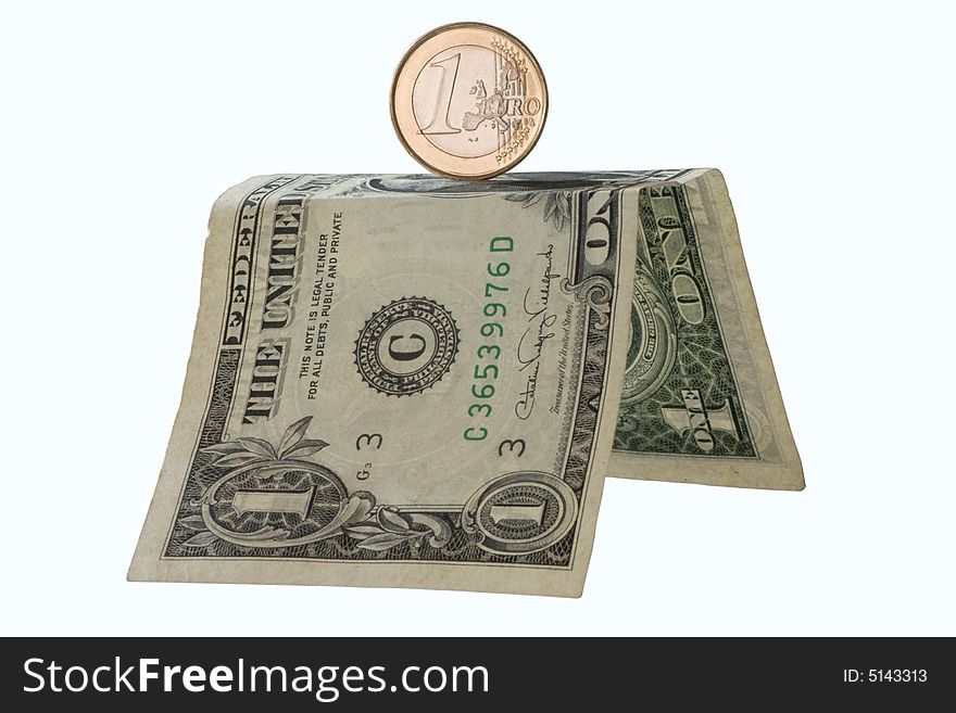 One euro coin on one dollar pedestal isolated on w