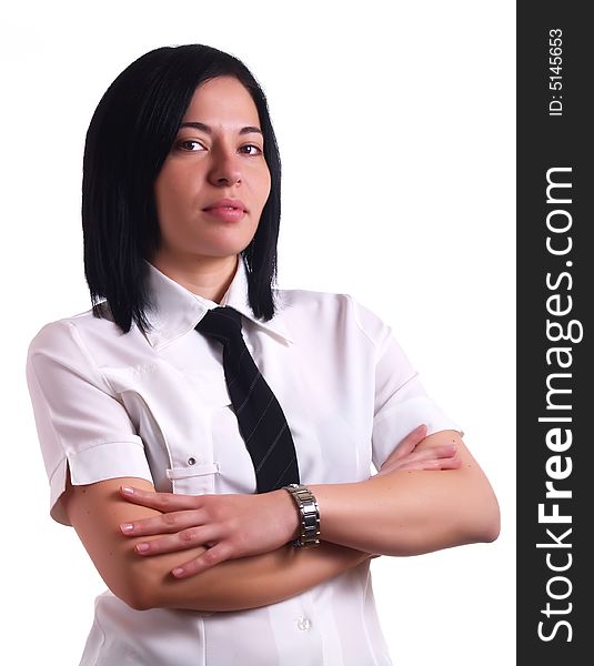 A portrait about a young elegant pretty businesswoman with black hair, she wears a white shirt and a black tie