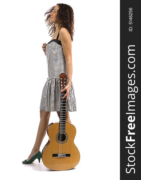 The girl with a guitar on a white background