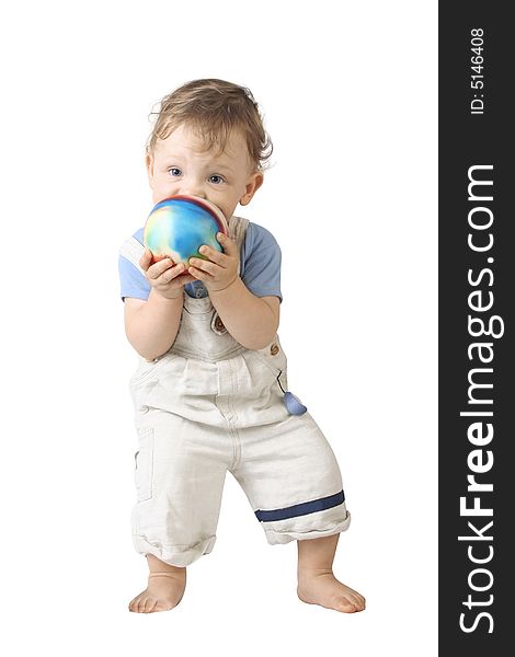 The boy with ball on the white backgound