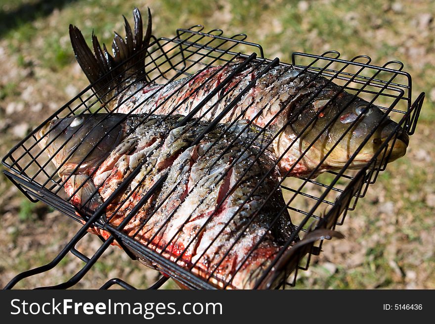 Raw carps on wire rack ready to be grilled.
