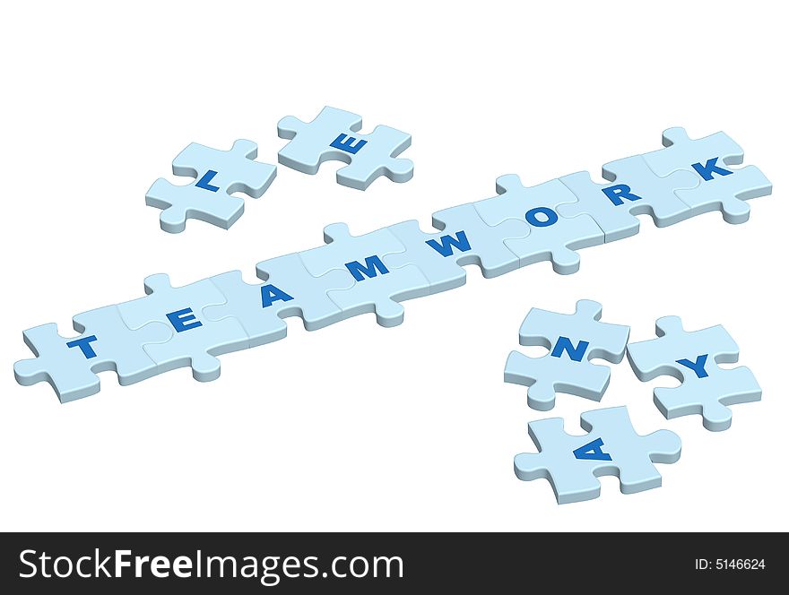 Word teamwork from slices of a puzzle. Objects over white