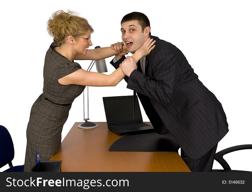 Business woman and businessman in office.