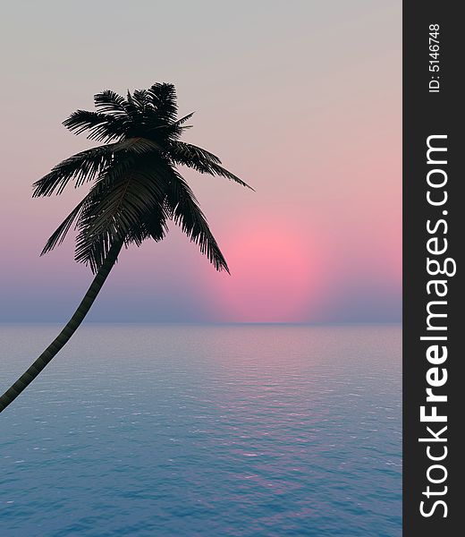 Sunset coconut palm tree on ocean coast - 3d illustration.