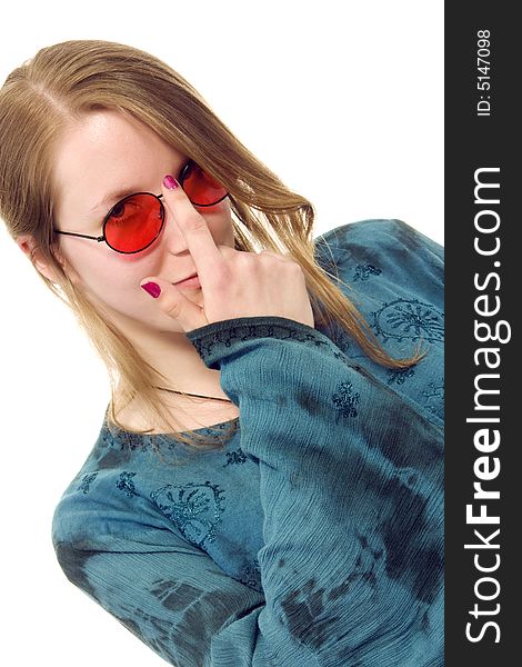 Hippie girl wearing red eyeglasses (white background)