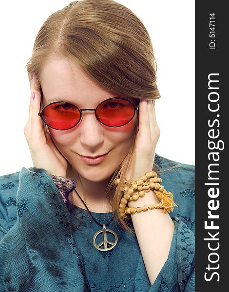 Hippie girl wearing red eyeglasses (white background)