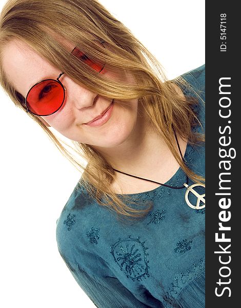 Hippie girl wearing red eyeglasses (white background)