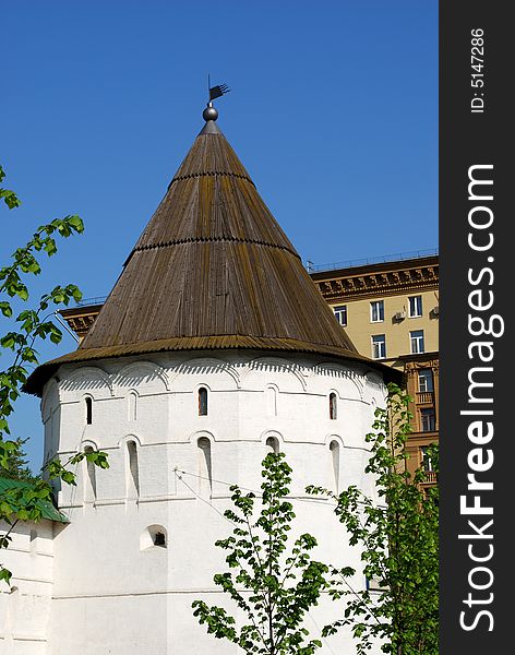 White tower of russian monastery, Moscow, Russia