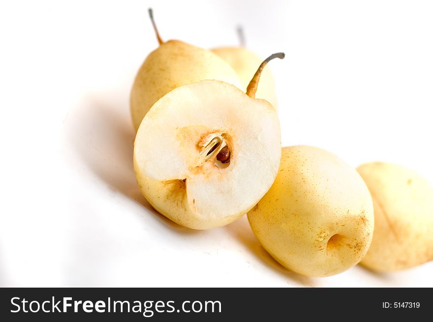 5 pears one cut into half. 5 pears one cut into half