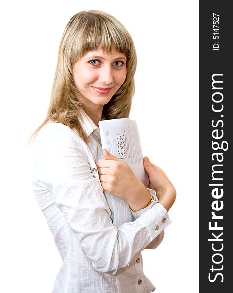 Girl holding business documents on white