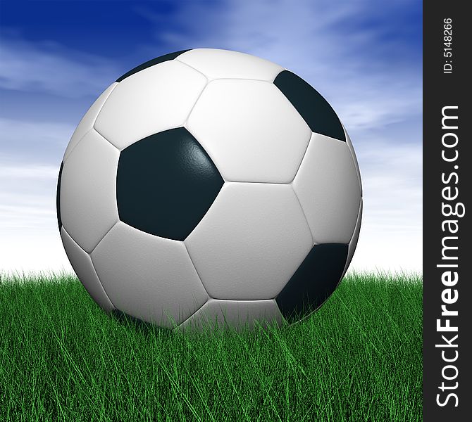 Soccer ball on green grass - photorealistic 3D rendering.