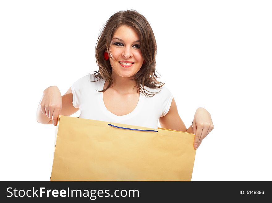 Beautiful woman in a bag over white background. Beautiful woman in a bag over white background