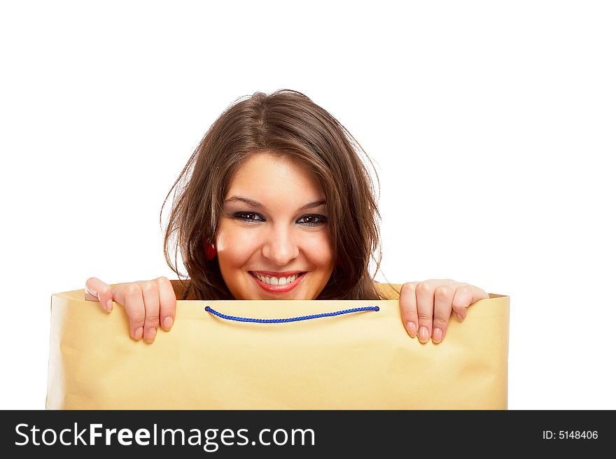 Beautiful woman in a bag over white background. Beautiful woman in a bag over white background