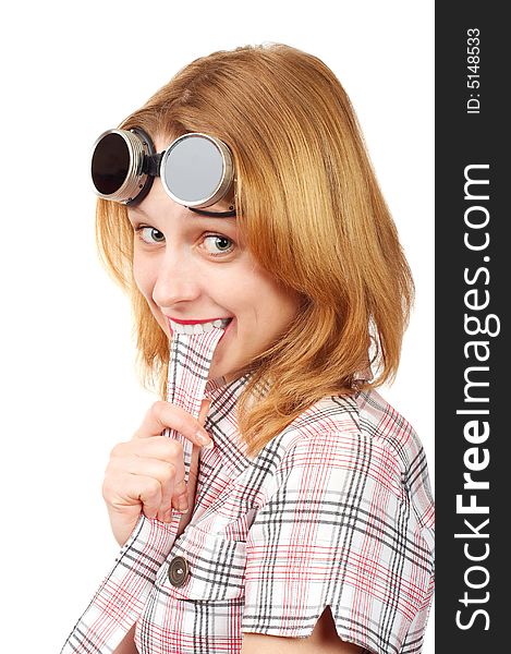 Funny girl with round glasses on the forehead over white