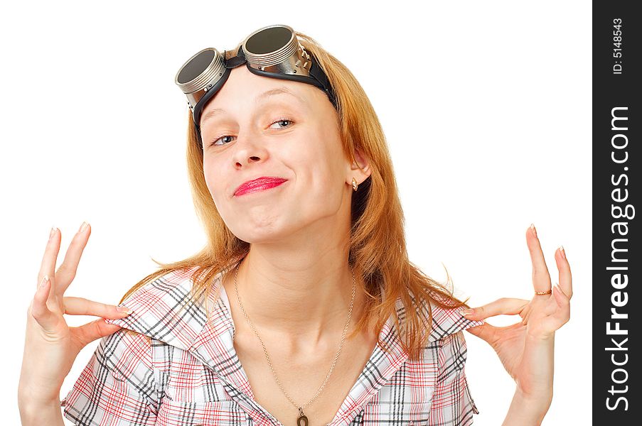 Funny girl with round glasses on the forehead over white