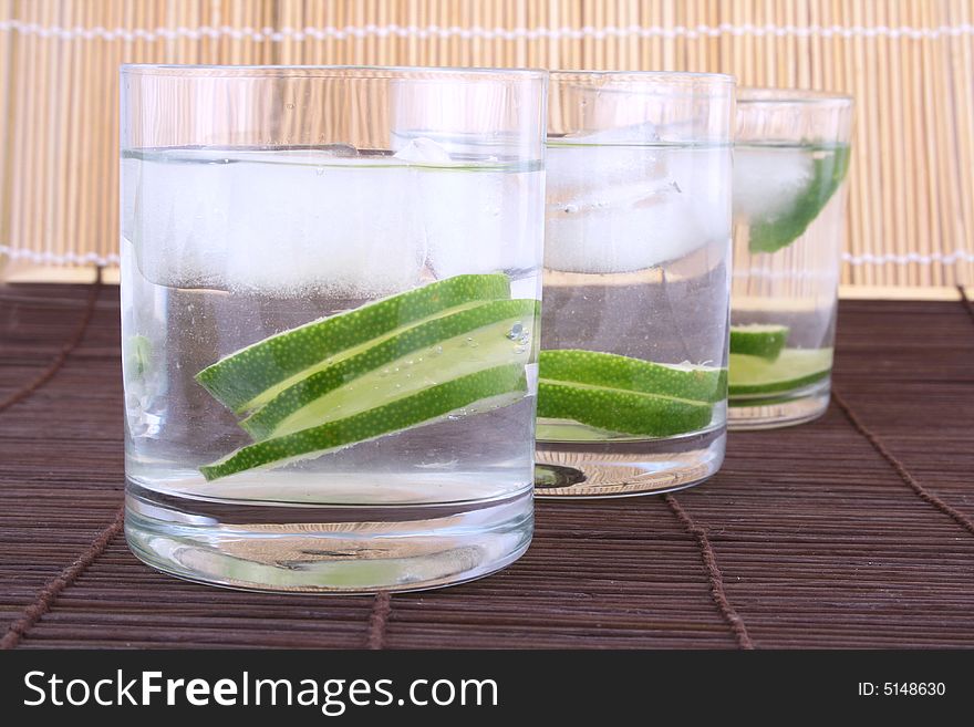 Frosty cold glass of ice water with lime