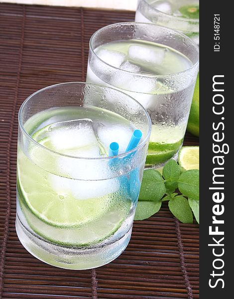 Frosty cold glass of ice water with lime