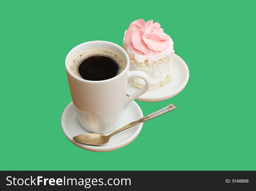 Cup of black coffee with piece of cake isolated on green with clipping path saved. Cup of black coffee with piece of cake isolated on green with clipping path saved