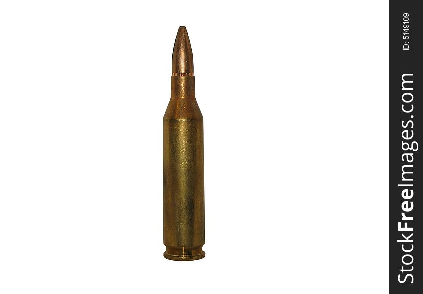 A close up of an isolated .243  calliber rifle bullet on a white back ground. A close up of an isolated .243  calliber rifle bullet on a white back ground.