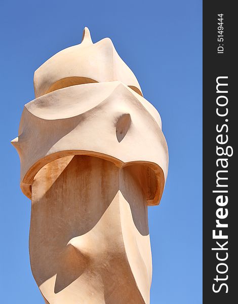 An abstract sculptures on the roof La Pedrera (Milà House) in Barcelona, Spain created by Antonio Gaudi. These sculptures are the chimneys of the apartment building