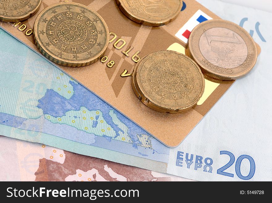 Euro currency coins banknotes and credit card, business concept. Euro currency coins banknotes and credit card, business concept