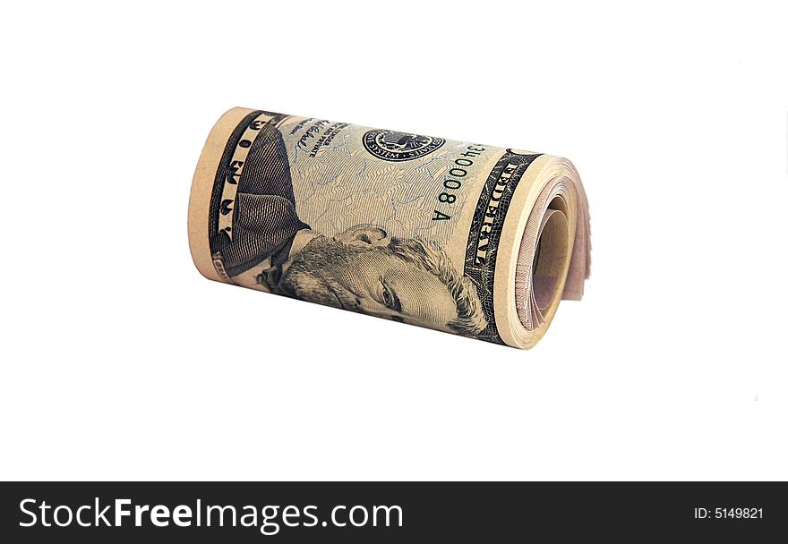 The pack of banknotes on 50 dollars braided in the cylinder. The pack of banknotes on 50 dollars braided in the cylinder