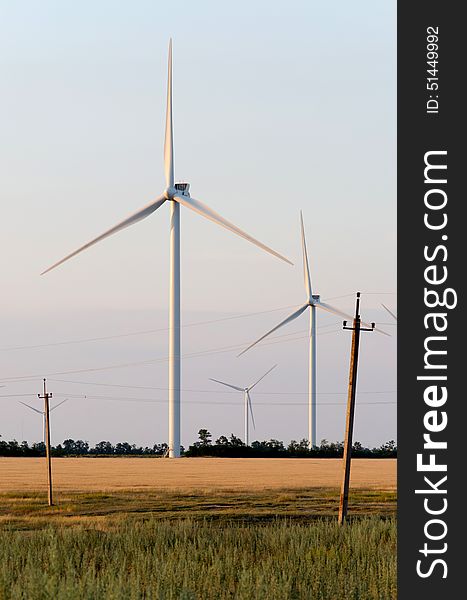 A wind farm in the wide spread wheat field